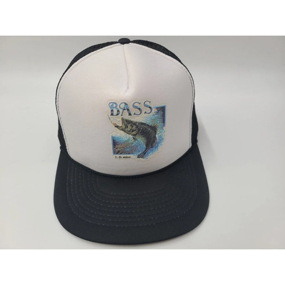 Vintage Bass‎ Fishing Mesh Trucker Snapback Hat Cap Outdoors Nature White Black